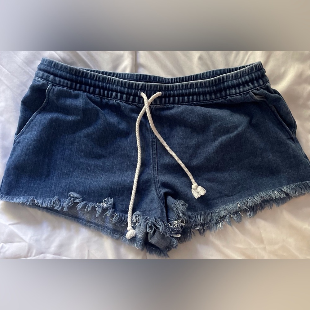 aerie Dark Denim Frayed Hem Drawstring Shorts